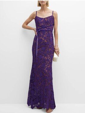 Marchesa Notte Crisscross Velvet-Trim Flower Applique Lace Gown